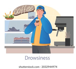 Sleepy man buys coffee concept. Young male character drinks energy drink early in morning. Tired person yawns due to drowsiness. Cartoon modern flat vector illustration isolated on white background