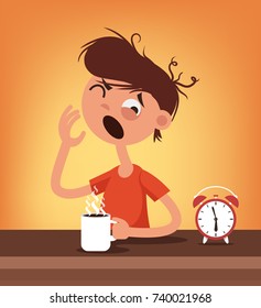 Sleepy man character wake up and drink coffee. Early  hard morning concept. Vector flat cartoon illustration