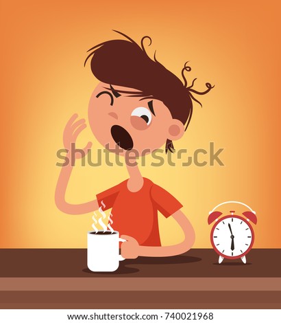 Sleepy man character wake up and drink coffee. Early  hard morning concept. Vector flat cartoon illustration