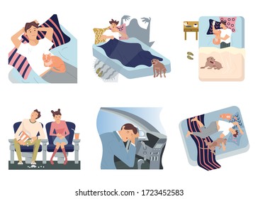 Sleepy man concept series - insomnia, nightmare, tired and sleeping in the cinema, at the wheel of his car. Sleeplessness and as a result drowsiness, lethargy. Flat Art Vector Illustration