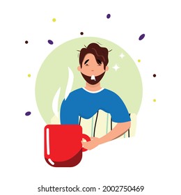 Sleepy man with a cup of coffee. Early in the morning. Monday. Tired man trying to wake up with a cup of big cup of coffee.