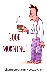 Sleepy man with a cup of coffee. Good Morning. Vector illustration on a white background. A4 size.