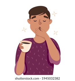 Sleepy Man with Cup of Coffee Yawning Covering His Mouth with His Hand Feeling Need for Sleep Vector Illustration