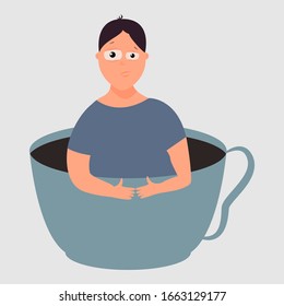 Sleepy man in a cup with a drink. Coffee addiction concept. Early awakening. Vector. Flat cartoon style. Isolated on white background