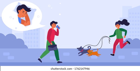Sleepy man drinking coffee on way to work. Man meeting woman jogging with dogs in morning flat vector illustration. Coffee and caffeine concept for banner, website design or landing web page