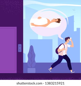 Sleepy Man. Guy Wishing Sleep Walking To Office In Morning. Tired Adult Sad Person Desirous Rest. Cartoon Vector Concept