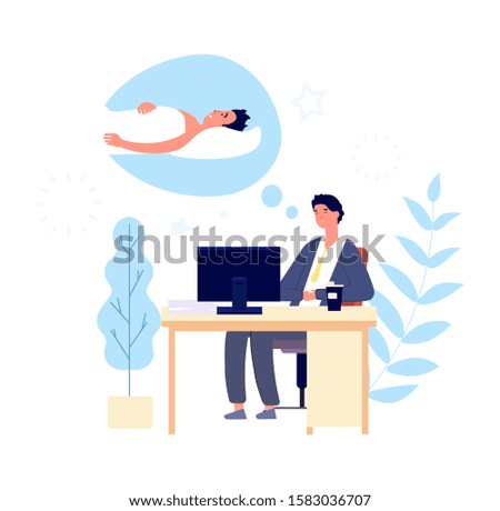 Sleepy man. Guy wishing sleep at office in morning. Tired adult sad person desirous rest. Cartoon vector manager at work character