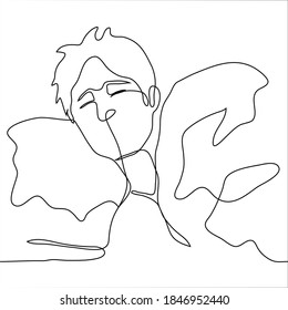 sleepy man lifted his head from the pillow. one line drawing of a sound asleep man suddenly woke up and looked
