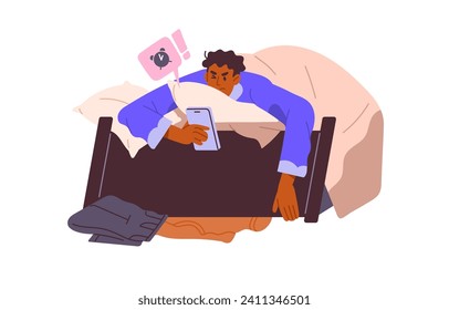 Hombre asustado en la cama, sostiene un smartphone. Un niño infeliz despierta para trabajar, apaga el reloj despertador. Gente con poca energía, estrés por la mañana. Ilustración vectorial aislada plana sobre fondo blanco