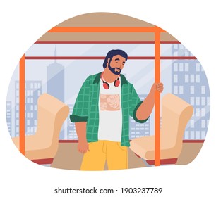 Sleepy Man, Passenger Traveling By Bus, Flat Vector Illustration. Tired Person, Young Guy Commuting From Home To Work Using Public Transportation.