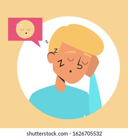 Sleepy man portrait vector isolated. Yellow emoji with the same face expression. Young adult is tired and bored.