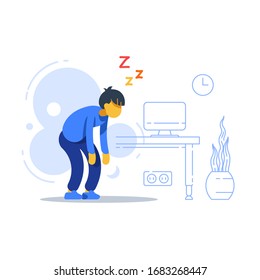 Sleepy man, sleep deprived, boring work, tired with tasks, lack of energy, feeling weak, vector flat illustration