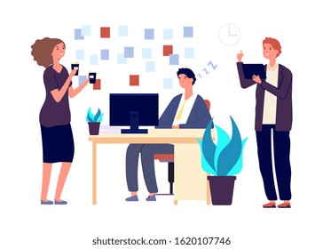 Sleepy man. Tired manager sleeping at workplace. Colleagues want to wake sleeping employee. Flat business office characters, time management, deadline vector illustration