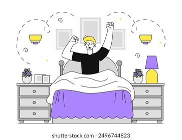 Sleepy man wakes up. Young guy sits on bed and stretches. Morning scene from home. Person in comfortable and cozy bedroom. Rest and relaxation. Linear vector illustration isolated on white background