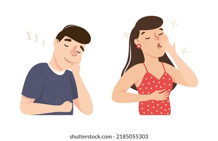 Sleepy Man and Woman Yawning Feeling Need for Sleep Vector Illustration Set