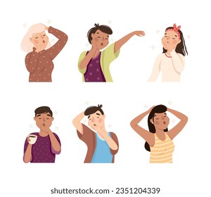 Sleepy Man and Woman Yawning Feeling Need for Sleep Vector Illustration Set