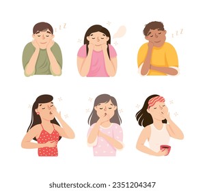 Sleepy Man and Woman Yawning Feeling Need for Sleep Vector Illustration Set