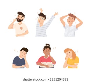 Sleepy Man and Woman Yawning Feeling Need for Sleep Vector Illustration Set