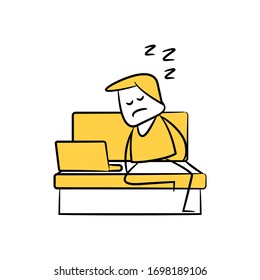 sleepy man working from home yellow doodle theme