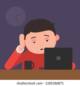 Sleepy man working on a laptop. Worker falls asleep at work on the computer. Vector illustration in flat style