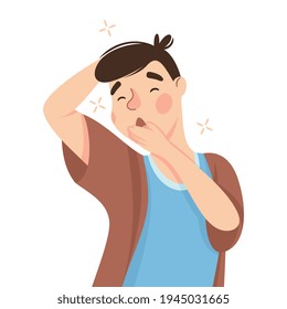 Sleepy Man Yawning Covering His Mouth with His Hand Feeling Need for Sleep Vector Illustration