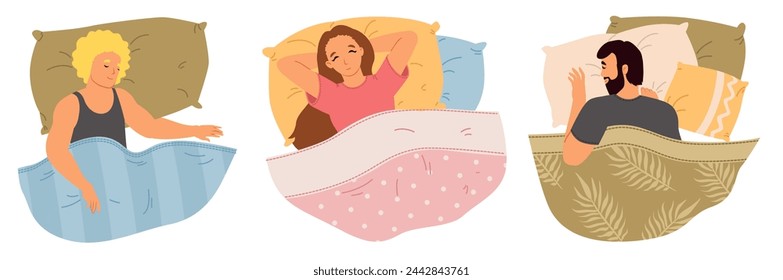 Sleepy men and women relaxing in bed isolated set. Female and male cartoon characters dreaming on pillow resting alone top view vector illustration