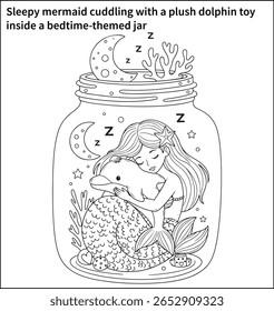 Uma sereia sonolenta abraçada com um brinquedo de golfinho peludo dentro de um frasco temático para dormir, com minúsculos z’s flutuantes e uma peça de coral em forma de lua — arte de linha acolhedora e calmante.