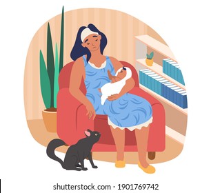 Sleepy mom holding her baby while sitting in armchair, flat vector illustration. Tired, exhausted mother with her newborn baby and cat pet.