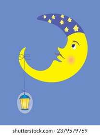 Sleepy moon and lantern. Picture. Vector graphics, eps