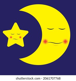 Sleepy moon and star. Yellow elements on blue background. Good night. Kids picture. Vector illustration. Stock image. 