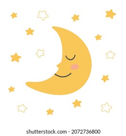 Sleepy moon and stars. Doodle style. Template for baby room decoration, print, banner and fabric. Isolated vector illustration 