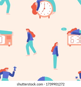 Sleepy Morning Seamless Pattern With Female Character. Young Woman Sleeping On The Top Of Alarm Clock, Jumping And Holding Cup And Kettle. Night Owl Person Concept. Flat Cartoon Vector Illustration.