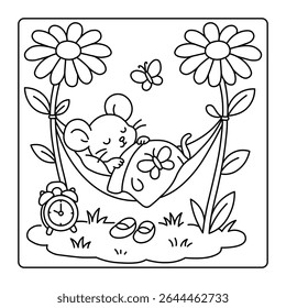 Sleepy Mouse Coloring Page - Rato de desenhos animados bonito descansando em rede entre flores para crianças