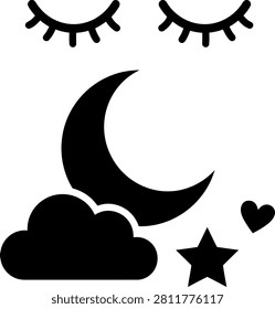 Sleepy night icon with moon cloud star and heart, minimalist
