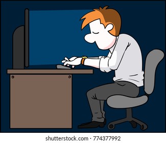 sleepy office worker sitting on a chair, and falling asleep at work, vector illustration hand drawn