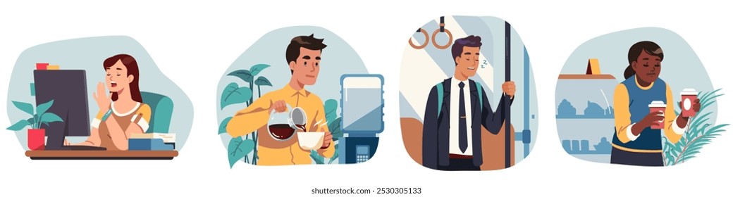 Trabalhadores de escritório sonolentos com xícaras de café. Homens sonolentos cansados, mulheres empregadas pessoas cavalgam para o trabalho, tomam café, bocejam na mesa. Sonolência matinal, fadiga no local de trabalho ilustração de vetor plana