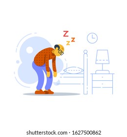 Sleepy old man, sleep deprived or disorder, lack of energy, feeling weak, vector flat illustration