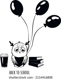 sleepy owl with balloons, paper cup of coffee, stack of books vector drawing hand. return to school. sketch. vector. eps