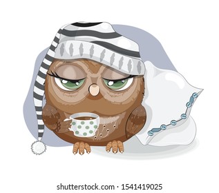 Sleepy owl with cup of coffee, tries not to sleep. Picture in hand drawing cartoon style, for t-shirt print, wear fashion design, greeting card, party invitation