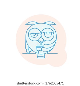 Sleepy owl drinks coffee in the morning vector icon outline