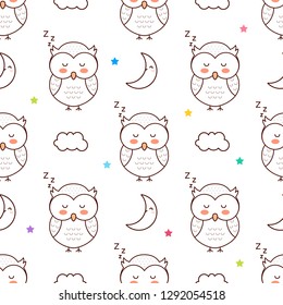Sleepy owl and moon, cartoon vector seamless pattern, isolated on white background.