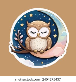 A sleepy owl nestled on a crescent moon, surrounded by shimmering stars and a sprinkle of dreamy clouds.