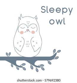 Sleepy owl on the branch with leaves vector illustration