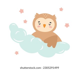 Sleepy Owl On Cloud Vector Illustration