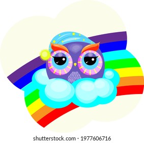 sleepy owl with rainbow drawing for kids