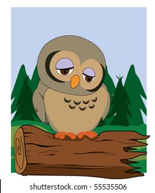 sleepy owl sitting on a log in the forest