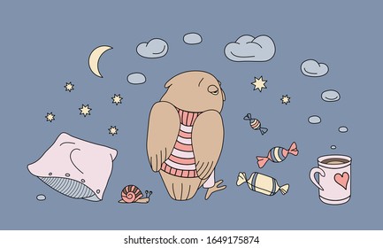 Sleepy owl with a snail drink tea with sweets. Vector illustration. For children fabric, wrapping paper, wallpaper and cloth.