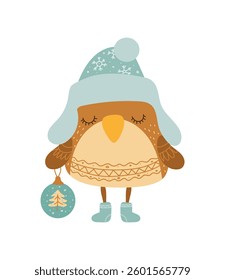 Sleepy owl wearing a cozy hat and boots, holding a Christmas bauble. Winter-themed illustration on a white background.