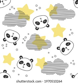 Sleepy panda bear seamless pattern. Print design with stars and clouds in black and white for kids and baby.