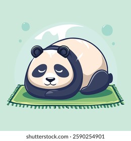 A sleepy panda doing the child's pose, curled up on a tiny mat, looking cozy and peaceful, minimalistic calming vector illustration